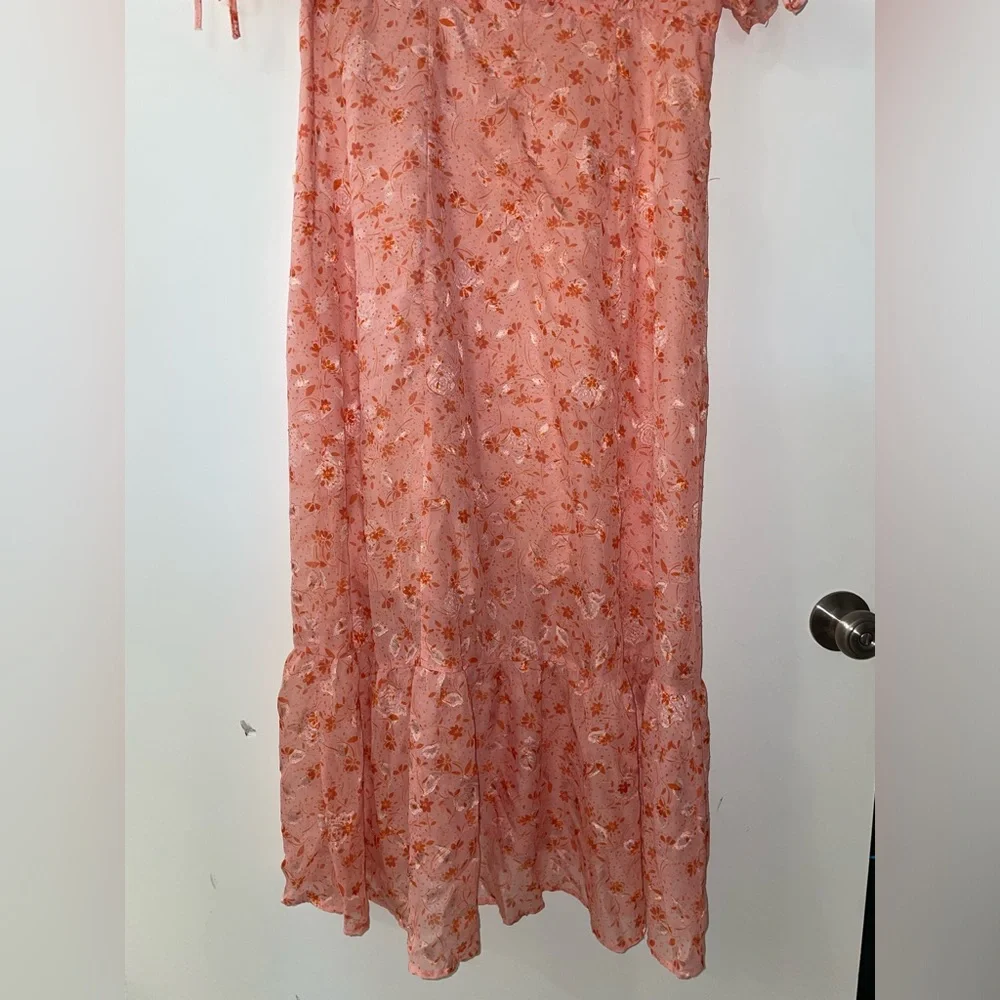 Chelsea 28 Prairie Coral Floral Tie Sleeve Ruffle Hem Midi Dress Size L(12/14)⭐️ - Picture 13 of 15